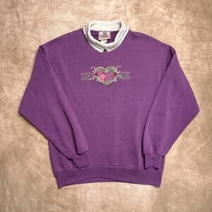 Vintage 90s Top Stitch Floral Heart Embroidered Collared Sweatshirt Purple